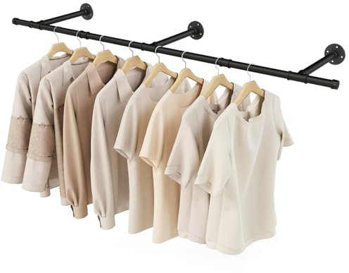 YheenLf Perchero de Pared Tubo Industrial, 150cm Riel de Almacenamiento Colgante de Prendas, Barra para Colgar Ropa de Tuberías Industriales, Ahorro de Espacio, Negro, 1-Pack