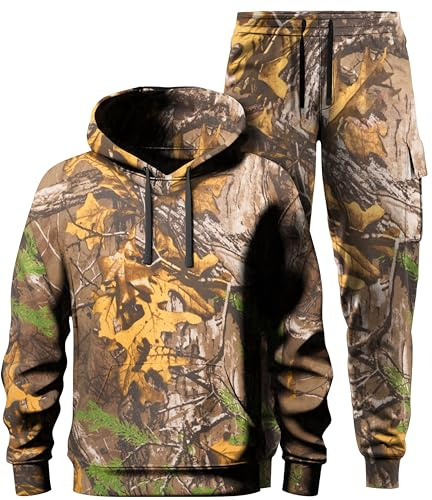 Men's Jungle Tree Print Camouflage Pullover Sweatshirt Hoodie & Camo Bottom Joggers Tracksuit Set for Fishing Hunting Outdoor Wear Sweat Suit (UK, Alpha, XL, Regular, Regular, Camo)