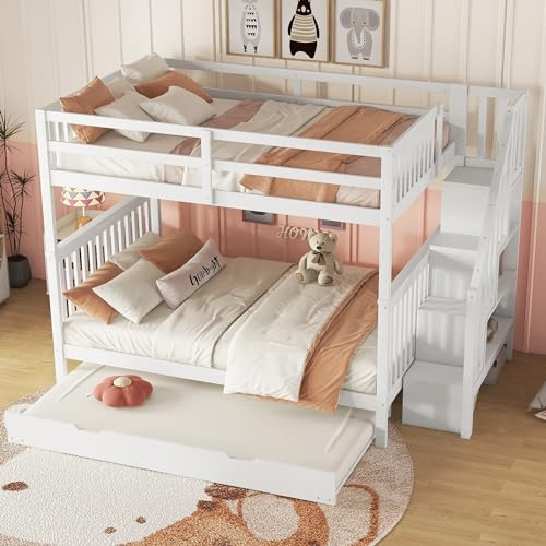 Moimhear Letto a castello 140 x 200 cm con scala a ripiani, dotato di letto estraibile con Scala per 2-3 Ragazzi, Rete a Doghe in Legno, Senza Materasso (Modello 821)