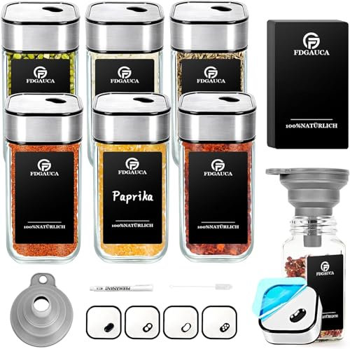 SIAZIH Lot de 6 pots à épices carrés avec saupoudrer, pots à épices avec étiquettes à épices, ensemble complet avec stylo d'étiquetage, entonnoir et pinceau à poils doux