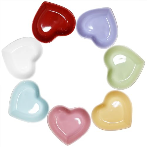 Pirhosigma 7 Colors Heart Shaped Porcelain Soy Sauce Dish Snack Bowl Ceramic Dip Dipping Bowls 1.65 oz for Dinner Baking BBQ and Cooking One for Each Color Total 7 pcs