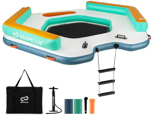 Goplus Inflatable Floating Dock, 8.7FT x 8.7FT Inflatable Dock Platform w/Detachable Ladder, Carry Bag, Water Mat Floating Platform Island Raft for Lake, Beach, Pool