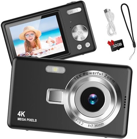 Compact Digital Camera - 44MP 1080P FHD with 2.4 LCD, 16X Zoom, Portable Vlogging Camera, 32GB SD Card (Black)