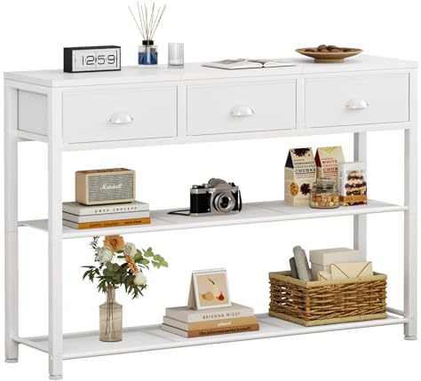 Furologee White Entryway Table, 38'' Console Sofa Table with 3 Fabric Drawers, Industrial Entry Way Table with Storage Shelves, Display Shelf for Living Room, Hallway, Entrance, Foyer