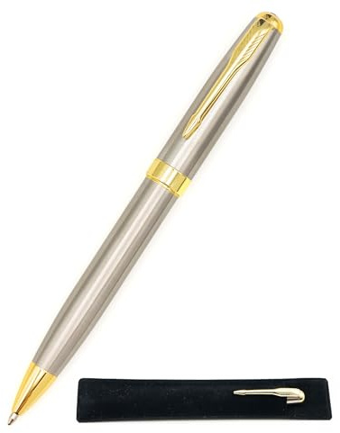 Stylo à bille chic Argenté doré avec étui cadeau - Stylo en métal à rotation, luxe et élégant - Bureau, hôtel, entreprise ou pour offrir, encre noire