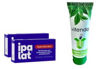 ipalat® Hydro Med akut Lutschpastillen – 2x32 Stück inclusive einer Handcreme von vitenda, bei Heiserkeit, Hustenreiz & Mundtrockenheit, mit Hyaluron & Carrageen, zuckerfrei, mentholfrei, ab 6 Jahren