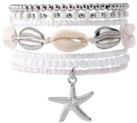 Mikovivi Lot de 7 Bracelets Plage d'Été, Empilables Étoiles mer Coquillages Perles Style Surfeur Bijoux d'Amitié Bohème pour Femmes Accessoires Vacances Plage et de Fête