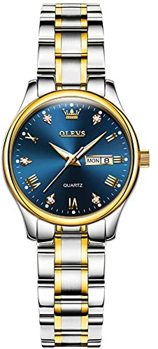 OLEVS Armbanduhr Damen Gold Silber Analoger Quarz Edelstahl Damenuhr Blau Eleganz Kleines Gesicht Römische Ziffern Damen Armbanduhr Wasserdicht Leuchtend mit Datum Freizeit Damenarmbanduhr