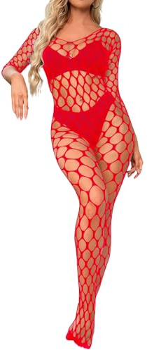 Gatamiau Women's Lingerie Fishnet Bodystocking Mesh Full Body Bodysuit See Through One Piece Body Stockings Stretchy Babydoll Tights Jumpsuit Transparent Underwear Nightwear (Red)