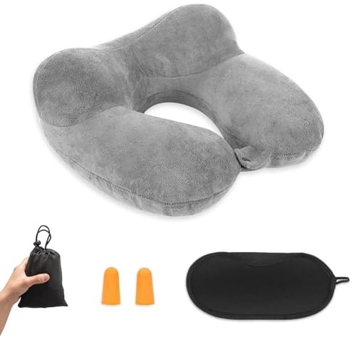 Zyluniy Almohada De Viaje Hinchable, Almohada Inflable del Viaje, Cojín Inflable del Cuello de Viaje, Portátil y Ligero con Cubierta De Terciopelo, para Viajar en Avión, Tren, Oficina