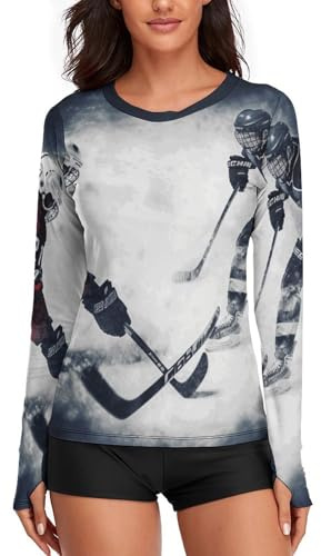 Rashguard de hockey sur glace pour femme avec protection UV UPF 50+ à manches longues, haut d'entraînement à sec, blanc, XL