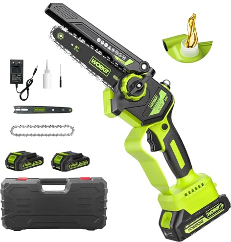 WORKIT Motosierra con batería de 20 V, con 2 baterías, sin escobillas, con sistema de aceite automático, longitud de corte de 12 cm, batería para manejo con una sola mano y cuidado del jardín