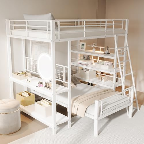 HUQIQWE Lit Superposé Loft, Lit Metal Multifonction avec Étagères Intégrées, Cadre De Lit Séparable en Deux Lits, Sommier À Lattes Métal sans Boxspring, Espace Ouvert 150 Cm, pour Bedroom, Studio