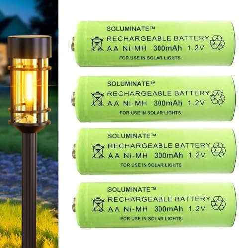 Soluminate AA Solar Light Batteries (300mAh) Size AA 1.2V Rechargeable NiMH type perfect for garden solar lights (4-Pack)