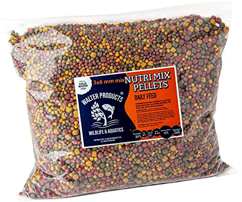 Walters All-Round 3mm & 6mm Nutri Mix Pond Fish Food Pellet for Koi, Goldfish and all Cold Water Pond Fish. Year Round, Prebiotics, Omega 3's & Spirulina, Growth & Colour Enhancing, 1kg Bag