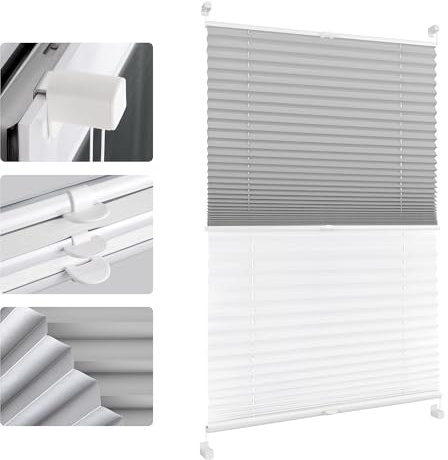Allesin Plissee Ohne Bohren Verdunkelung (Day and Night) - Weiß-Grau 35x100cm (BxH) Thermo 100% Verdunkelnd & Lichtundurchlässig - Doppel-Jalousie für Fenster & Tür