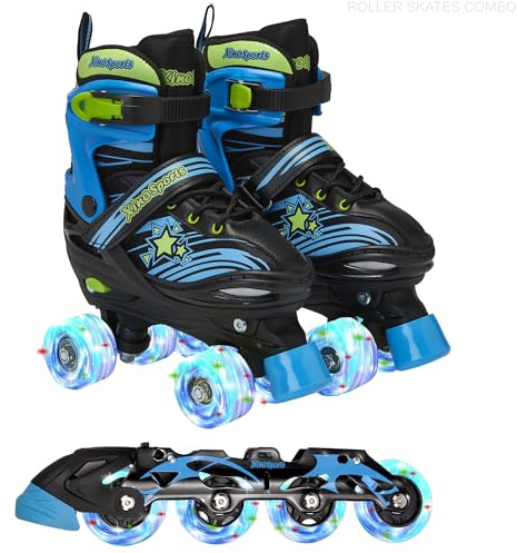Xino Sports 2 in 1 Adjustable Combo Skates - Pro Quality - Beginner Friendly with Illuminating LED Light-Up Wheels, Interchangeable Skates for Boys & Girls for Indoor and Outdoor (Black,Medium 1-4)