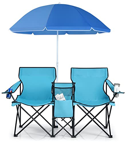 COSTWAY OP70621DEDE Campingstol med parasoll, fällstol för par, dubbel fiskestol vikbar med mugghållare, kylväska (turkosgrön), 55 x 85 x 161 cm | Dubbel strandstol med solskydd, mugghållare, sidoficka, bärväska, fiskestol, fällstol för camping, turkos