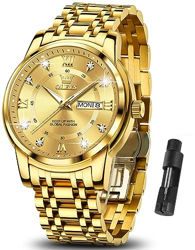 OLEVS Watch for Men Luxury Gold Mens Watch with Day and Date Waterproof Gold Stainless Steel Men's Watch Diamond Roman Numerals Dress Men's Wrist Watches Analog Quartz Watch Men,Reloj de Hombre
