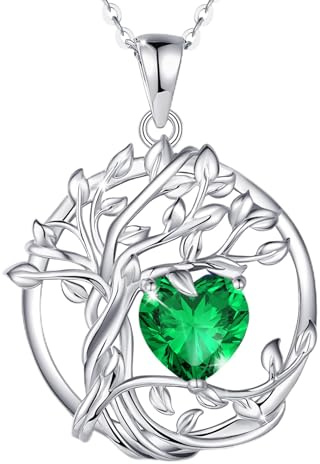 FANCIME Tree of life Birthstone Necklace for Women Sterling Silver Tree Jewelry Emerald Pendant May Birthday Green Gemstone Anniversary Christmas Gifts for Girlfriend Wife Mom Her