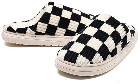 Waysoland House Slippers for Women and Men - Fuzzy Memory Foam Checkered Slip-on With Anti-Skid Sole - Indoor Outdoor Bedroom Cloud Slippers With Fur Lining (Black, 4.5/5.5 UK)