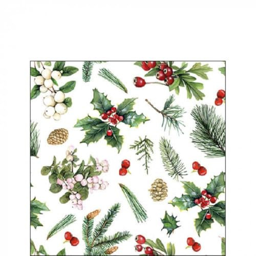 Ambiente servetter 25 x 25 cm cocktailservetter, pappersservetter, vinter, gröna grenar, Ilex stickpalm/bordsdekoration/pyssel/decoupage