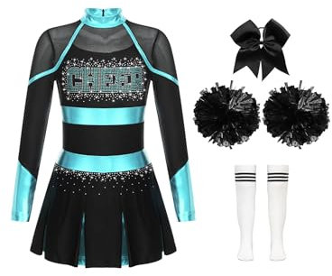 HULIJA Kinder Mädchen Cheer Leader Kleid Langarm Cheerleading Uniform mit Pompoms + Socken + Kopfschmuck Cheer Outfits Set Karneval Cosplay A Blau Grün & Weiß 146-152