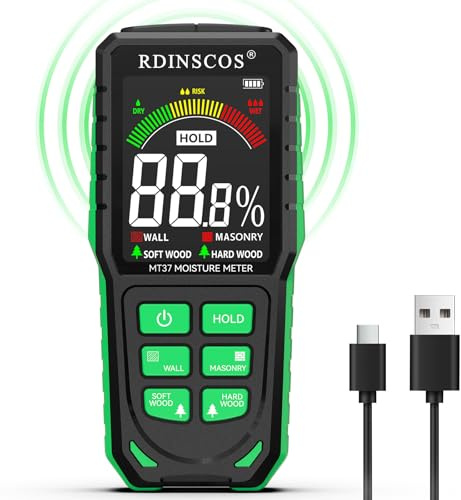 RDINSCOS Misuratore di Umidità Ricaricabile Misuratore di Umidità del Legno Senza Pin per Pareti con Display a Colori LCD Rilevatore di Umidità Digitale Non Invasivo per Roulotte Legno Muratura