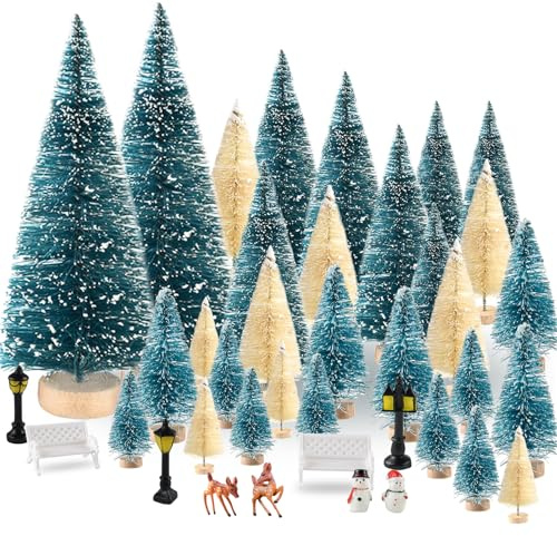 BOUBONI Mini Christmas Tree 35PCS Christmas Village Sets with Christmas Crafts Reindeer Snowmen Benches Street Lamp for Xmas Decorations Indoor Party Home Table Craft (Dark Green, Beige)
