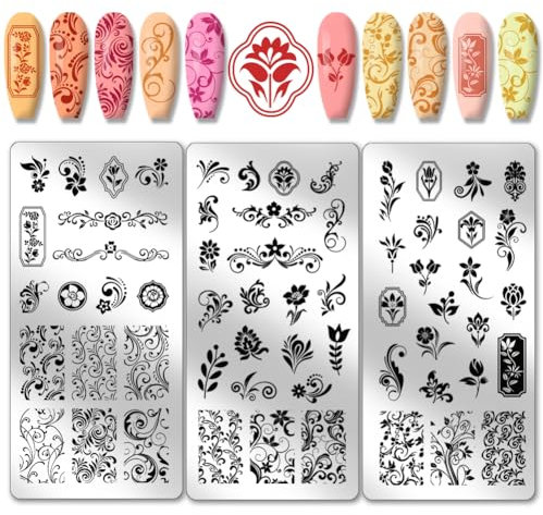 PH PandaHall 3 placas de estampado de uñas con textura de flores, 61 patrones florales de hojas para decoración de uñas, placa de estampado de uñas, plantillas de uñas de acero inoxidable para diseño
