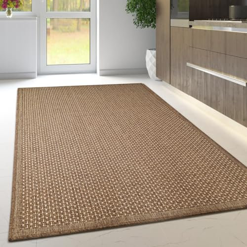 Non Slip Rug Kitchen Living Room Fat Weave Check Carpet Small Large Runner Mat (120x160cm - 4'x5'3 ft, Natural Brown Plain)