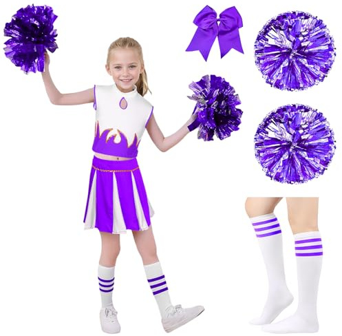 Matreeglam Cheerleader Carnival Costume for Girls, Cheerleading Costumes Children Dress Outfit Uniform with Pom Poms Socks, Kids Cheer Outfit Carnival Fancy Dress (Purple, 130)