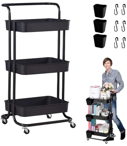 3 Tier Trolley Rolling Utility Storage Car with Wheels&Hanging Cups&Hooks