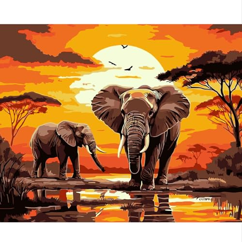 NEWENMO Adult Paint by Numbers Canvas Kits,Two Elephants Painting by Number,Sunset Paint by Numbers Kits,DIY Craft Art Painting Kit,Animal Oil Painting Kits,for Gift Home Decor,Frameless 40x50cm