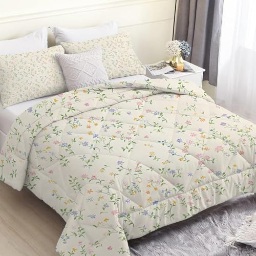 SYHIEGO Ef22 - Edredón tamaño Super King de 260 x 220 cm, diseño floral de follaje verde bohemio, incluye 2 fundas de almohada, ligero y aireado, suave microfibra beige