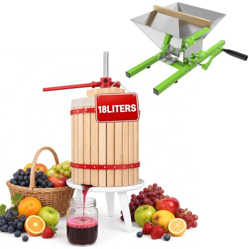 Froadp Juego de exprimidores de vino, 18 l, exprimidor de frutas de roble + 7 L de acero inoxidable, triturador de frutas, exprimidor de manzanas, remolacha, herramientas para elaboración de vinos de