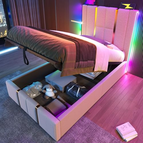 LAKFEW Cama Individual Camas Juveniles 90x200 cm con Luz LED y USB, Cama 90 con Almacenamiento Hidráulico, Camas Individuales con Estructura Metálica y Listones de Madera, Lino, Beige, Sin Colchon
