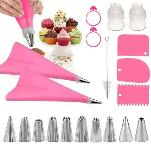 Piping Bags and Nozzles Set, Cakes Decorating Kit Supplies with 2 Reusable Pastry Bags, 10 Frosting Tips, 2 Couplers, 2 Bag Ties, 3 Cake Scraper, 1 Cleaning Brush for Cake, Pastries, Cupcake, Baking