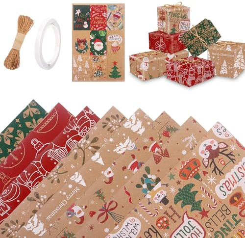 8 Sheets Christmas Wrapping Paper Sheets 50× 70 cm Wrapping Paper Christmas with Tags, Jute String(02)