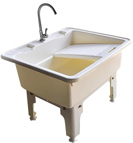 Lavandino in plastica for lavanderia con rubinetti for acqua calda e fredda, include asse da bucato, pratico lavello di servizio for lavanderie/garage/giardini(White,L)