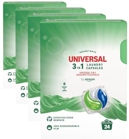 by Amazon Detergente lavadora líquido en cápsulas 3 en 1, universal, 24 lavados (Paquete de 4)