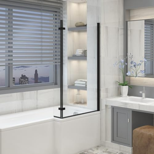 Aquariss Black 1400 x 810mm L Shape Bath Screen with Hinged Return Panel | 180 Pivot, Small Bathroom Over Bath Shower Screen Glass Panel, 6mm Easy Clean Toughened Glass, Reversible