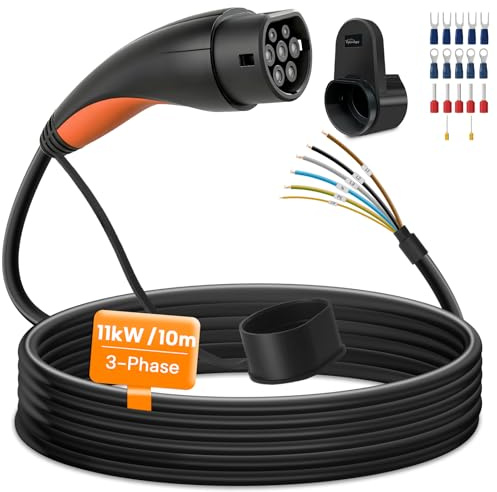 Câble de Recharge de Type 2 extrémité Ouverte, 11 kW/triphasé/16 A/10 m