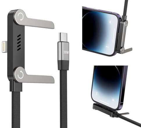 Câble USB C vers Lightning avec support, certifié MFi 2 en 1, câble de charge invisible 30 W, câble plat Lightning à 90 degrés pour iPhone 14-5/iPad, cordon de chargeur de téléphone latéral pour jeux