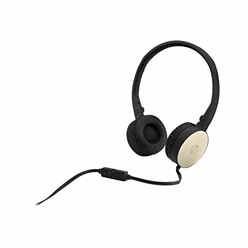 HP Headset H2800 Cuffie Cablate, Microfono e Comandi in Linea, Compatibile per Dispositivi con Porta AUX, Auricolari Imbottiti, Archetto Regolabile, Design Pieghevole, Nero/Oro