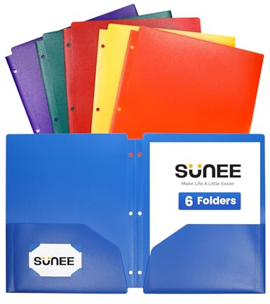 SUNEE 3 Hole Folders with Pockets (6 Pack, Assorted Color) Plastic Folders for 3 Ring Binder, Heavy Duty Binder Folder for Document for School, Students, Teachers, Office Staf