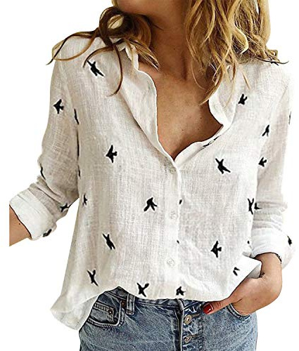 Petalum Chemisier Femme Coton Lin Top Haut à Manche Longue T-Shirt Chemise Col V Blouse Casual Lâche Respirant Fermeture Boutonnée pour Printemps Eté（Blanc Motif, Taille 44 (XL))