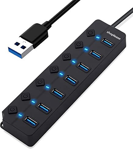 7-Port USB 3.0 Hub with Individual Power Switches and Lights, High-Speed Data Splitter Portable USB Extension Hub for PC Laptop and More