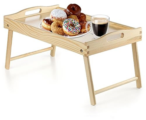 KADAX Betttisch, Frühstückstablett aus Kiefernholz, 19x30x50cm Serviertablett, klappbares Bett-Tablett, Essenstablett für Frühstück im Bett, Beistelltisch (Farblos)