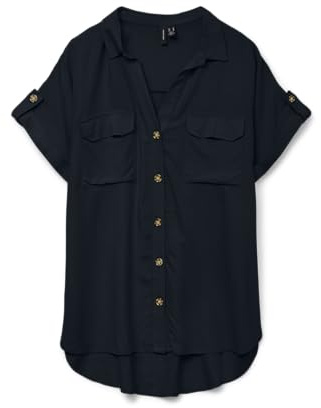 Vero Moda Camisa de Manga Corta a Rayas para Mujer con Bolsillos en el Pecho y Solapa de Botones, Negro, M